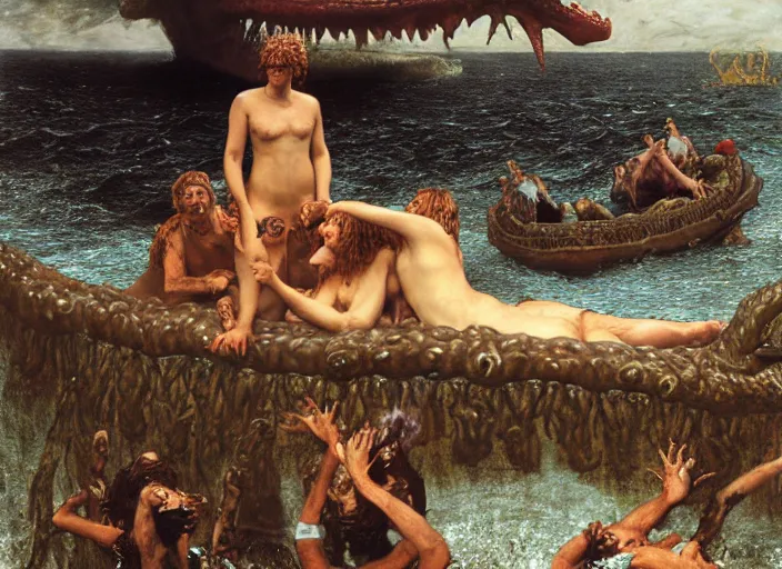 Prompt: wet slimy godzilla attacking the raft of the medusa, painting by lawrance alma - tadema by roger corman by richard corben by rick baker, 4 k, hyper - realistic, highly detailed