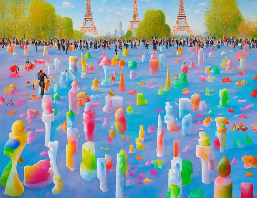 Image similar to a funny impressionistic painting of ice sculptures made of colorful icecream in the shape of the skyline of paris with eiffel tower on a very sunny summer day, very hot and the ice is melting fast and people are swimming their way through in the icecream in the style of james jean and fernando botero