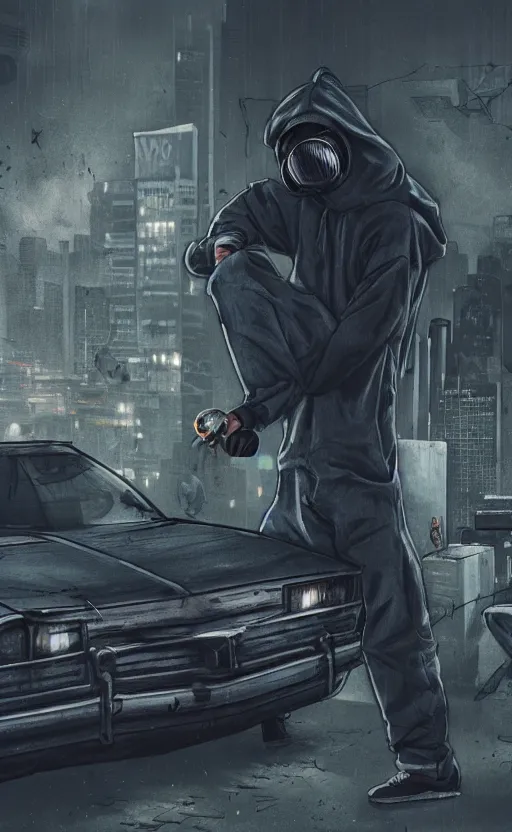 Image similar to wolf gang, cyberpunk, gray hoodie, photo group, old car, abandoned warehouse, weapon, drugs, flex, relative position, gasmask, non fiction stability, intricate, elegant, 8 k, uhd, justify, artstation, concept art, matte, sharp focus, illustration, consistent, one object content, proportional object content