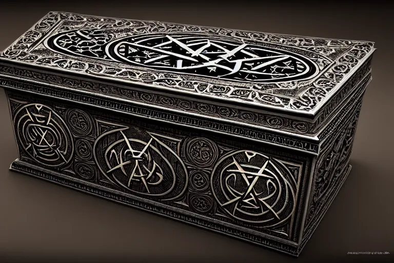 Image similar to an ancient ornate intricate old spell satanic coffin with the sigil symbol of evil emblazoned on the cover, cinematic, realistic, intricate detail, finely detailed, small details, extra detail, photorealistic, high resolution, 3 d, pbr, path tracing, volumetric lighting, octane render, arnold render, 8 k