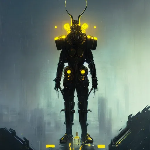 Image similar to anthropomorphic cyberpunk warrior stands tall wearing black and gold armor, oil painting, Tooth Wu, Greg Rutkowski, RPG, dynamic lighting, fantasy art, High contrast, depth of field, landscape, scenery