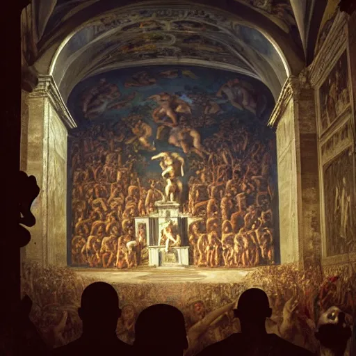 Prompt: the sistine chapel breaks in half as a portal from hell opens up, lucifer morningster emerges along with hordes of demons, the terrified priests and the pope look at the scene with terror in their eyes. highly detailed painting by gaston bussiere, greg rutkowski, craig mullins 8 k