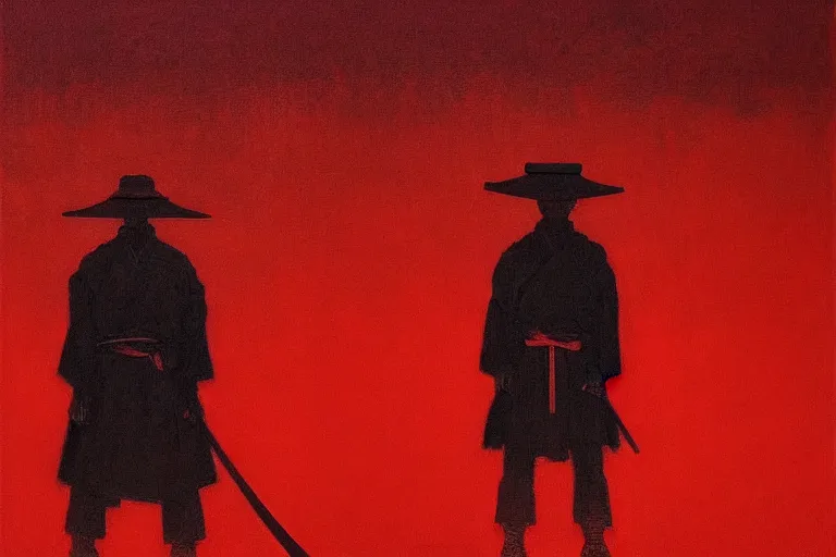 Image similar to only with red, a red samurai harakiri, tokio, a lot of frogs watch, in the style of beksinski, parts by edward hopper, parts by rodcenko, parts by yue minjun, intricate and epic composition, red by caravaggio, insanely quality, highly detailed, masterpiece, red light, artstation, 4 k