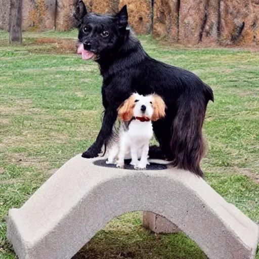 Prompt: a small dog on top of a medium sized dog on top of a big dog.