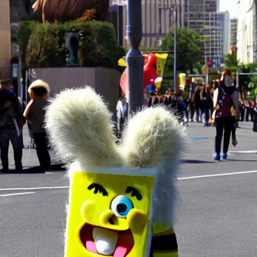 Prompt: furry spongebob street performer