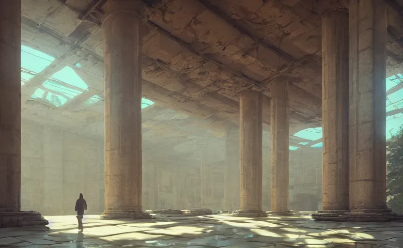 Prompt: Interior of a Colonnade, rendered by Beeple, Makoto Shinkai, syd meade, simon stålenhag, environment concept, digital art, unreal engine, WLOP, trending on artstation, 4K UHD image, octane render,