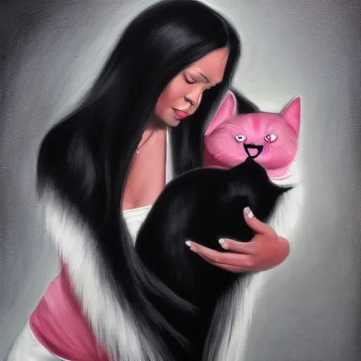 Image similar to a woman with black long hair and pink extensions singing powerfully with her black and white cat, oil painting, high detail, 4k, trending on artstation, devianart, cgsociety