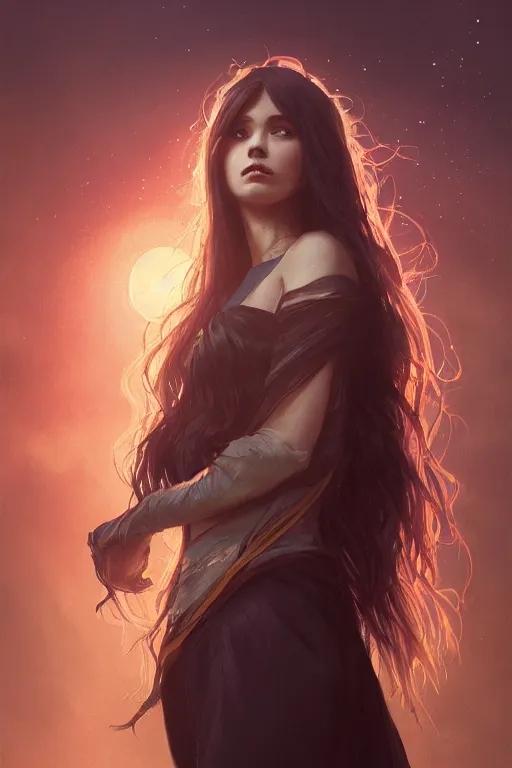 Prompt: long hair, red eyes, portrait, girl, sunny background, night, high detail, concept art, digital art, illustration, smooth, sharp focus, greg rutkowski, alphonse mucha, trending on artstation, trending on deviantart,