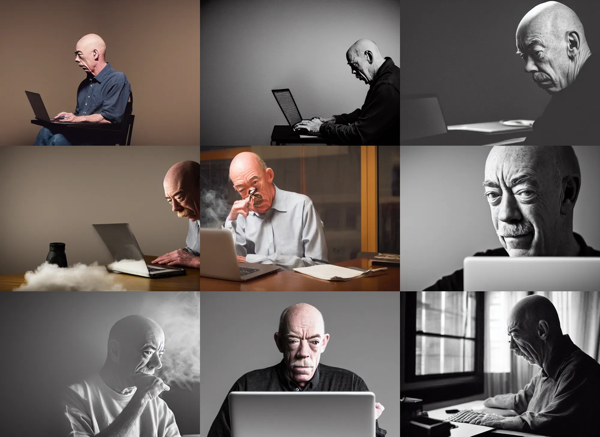 Prompt: unhappy jk simmons despairing over his laptop screen, dark hazy room, smoke, night time, candid photo, 5 0 mm lens