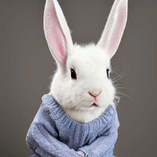 Prompt: A tired cartoon albino rabbit in a sweater.