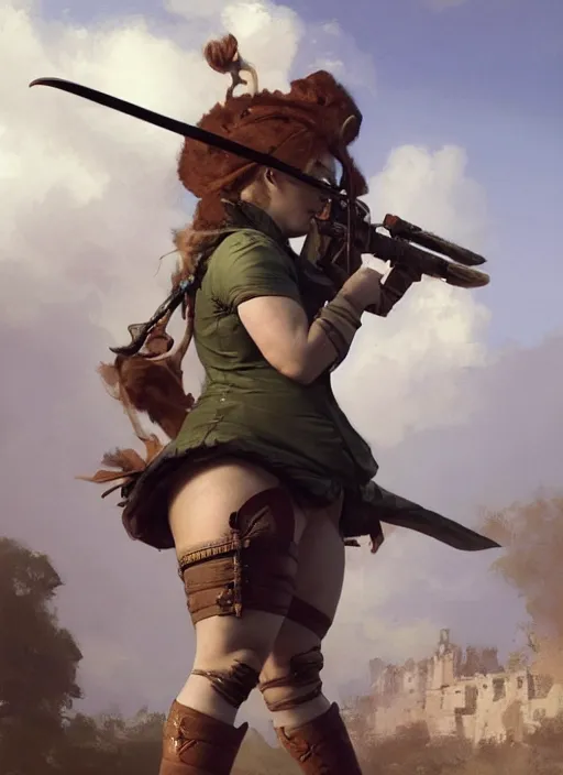 Image similar to hyper realistic photo of baroque chubby beautiful hunter girl, full body, rule of thirds, cinematic, greg rutkowski, brom, james gurney, mignola, craig mullins