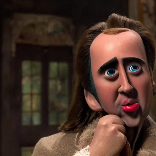 Image similar to nic cage in pinocchio, disney,