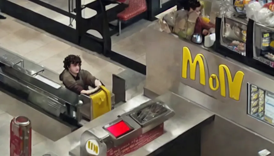 Image similar to film still of frodo working at mcdonalds in the new batman movie, cnn news footage taken from above.