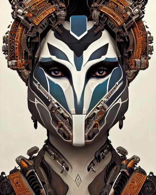 Image similar to symmetry!! portrait of a machine!!!!!! from horizon zero dawn, machine face, decorated with pharoanic motifs, intricate, elegant, highly detailed, digital painting, artstation, concept art, smooth, sharp focus, illustration, art by artgerm and greg rutkowski and alphonse mucha, 8 k