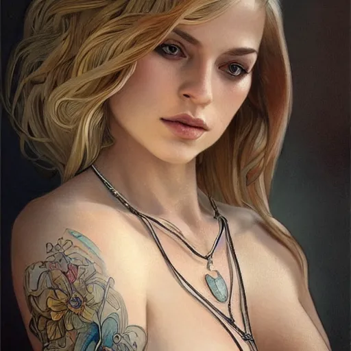 Image similar to ultra realistic illustration, a hot and beautiful tattooed blonde slavic woman in her 3 0's, intricate, elegant, highly detailed, digital painting, artstation, concept art, smooth, sharp focus, illustration, art by artgerm and greg rutkowski and alphonse mucha