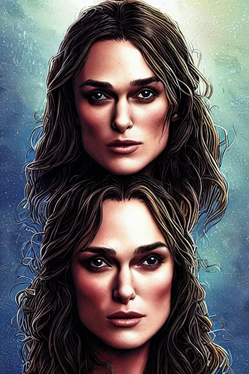 Prompt: a portrait of sexy young keira knightley with long hair, drawn by robbie trevino and dan mumford, poster, digital art, comic art, concept art,, single head, no double head,