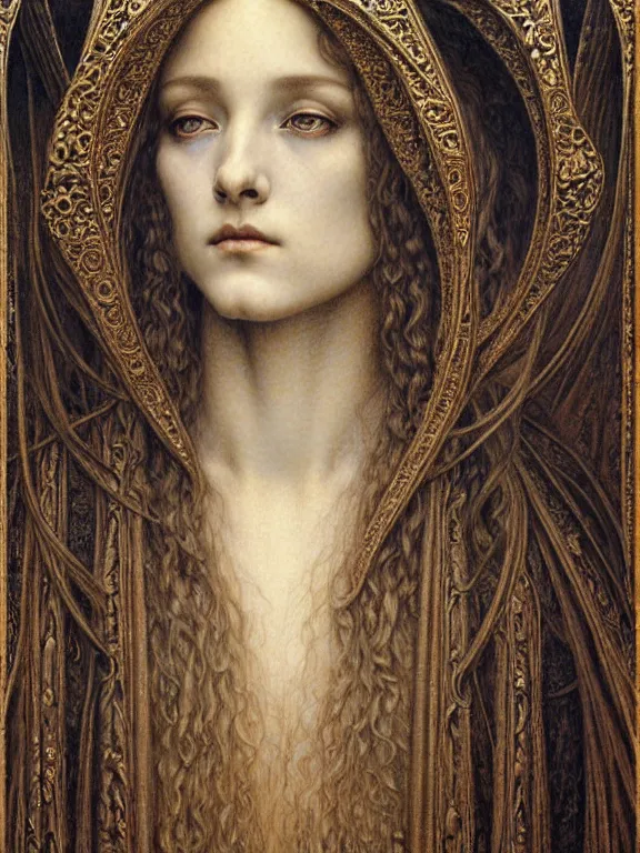 Image similar to detailed realistic beautiful young medieval queen face portrait by jean delville, gustave dore and marco mazzoni, art nouveau, symbolist, visionary, gothic, pre - raphaelite. horizontal symmetry