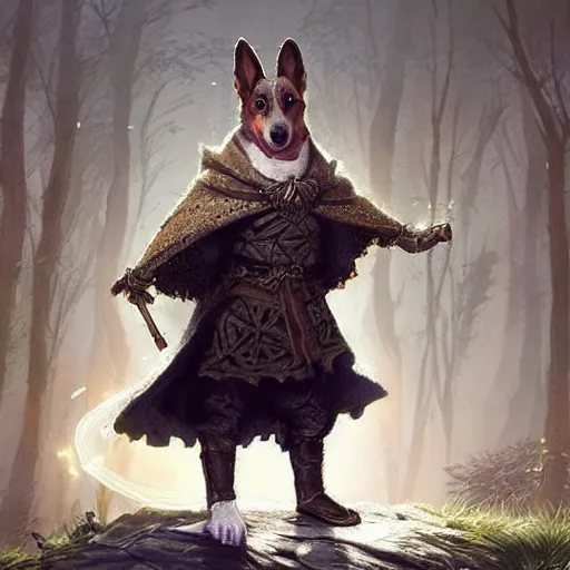 Prompt: d & d character : a corgi mage wearing a beautiful and intricate robe, misty forest background, glowing magic spell effects, mystical, arcane, highly detailed digital illustration, greg rutkowski, trending on artstation