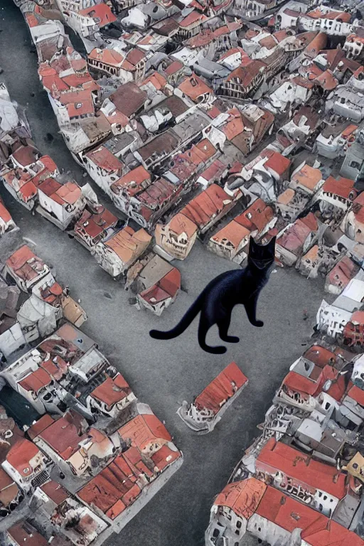 Image similar to a anthropomorphic cat in a cats city from the top of a roof