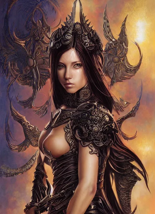 Image similar to a highly detailed symmetrical painting of a female model fantasy warrior with piercing beautiful eyes, trending art by artgerm and karol bak and mark brooks and donato giancola and bayard wu and gustav moreau and wayne barlowe