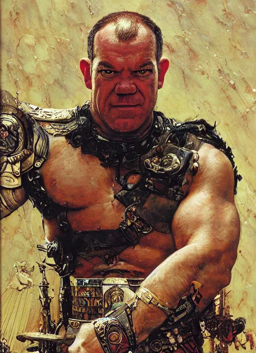 Image similar to head portrait of jocko willink as huge warrior with muscular neck, science fiction, by john berkey and lawrence alma tadema and rick berry and norman rockwell