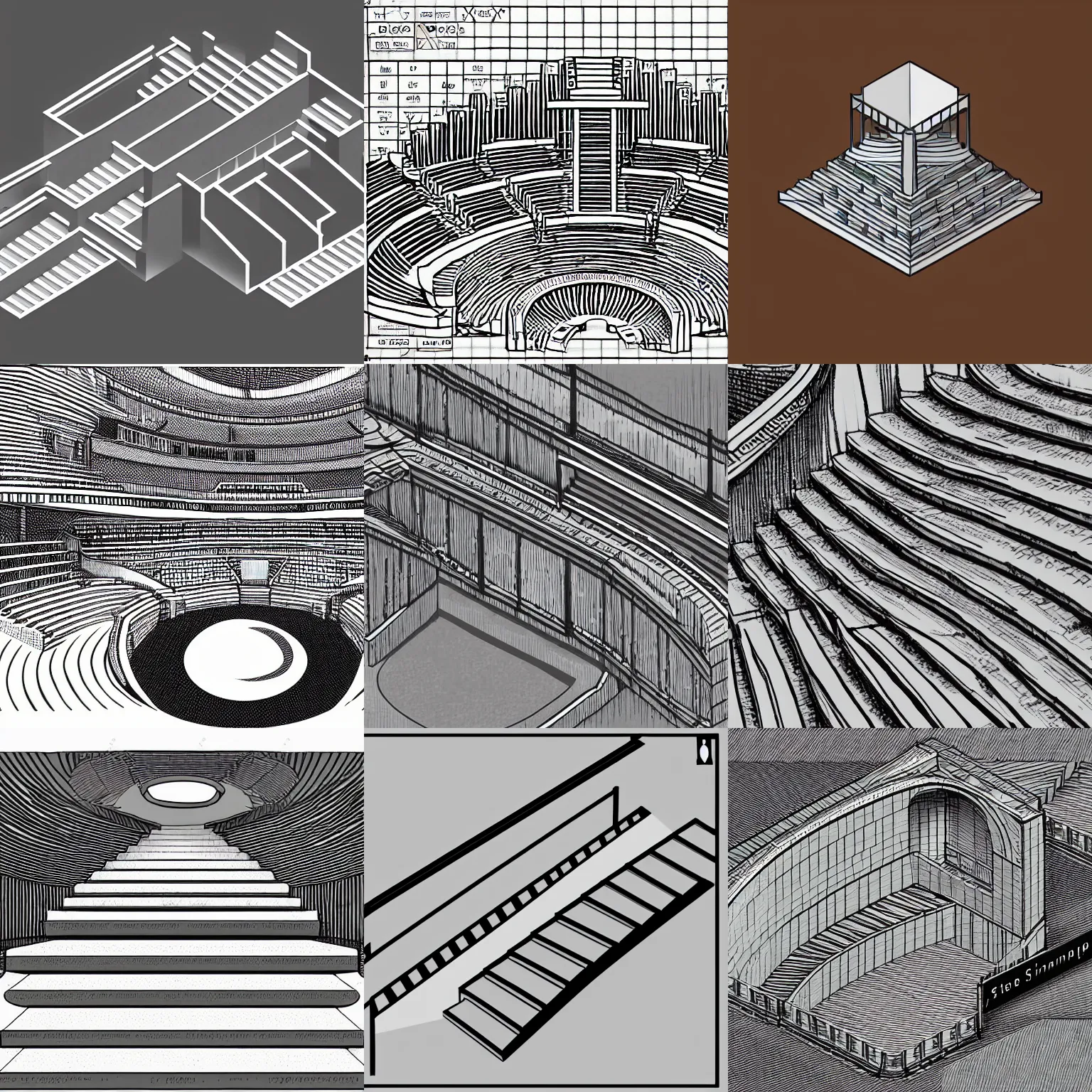 Prompt: a stephen biesty isometric cross - section through stairs of simplified!! smooth grey shaded ancient amphitheater, line drawing logo in the style of pavlov visuals, precise!! vector trace, black and white, extra - wide shot, occlusion, white background