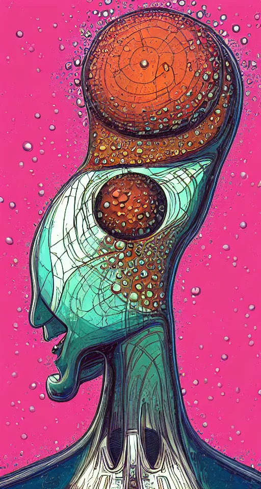 Image similar to art deco close up portait of mushroom head with big mouth surrounded by spheres, rain like a dream digital painting curvalinear clothing cinematic dramatic fluid lines otherworldly vaporwave interesting details epic composition by artgerm anton pieck basquiat