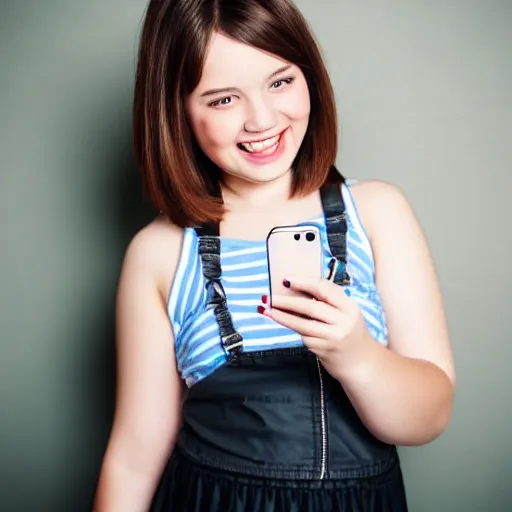 Image similar to a cute, pretty, plump, 1 3 - year - old girl with short hair in a skirt smiling. selfie. iphone.