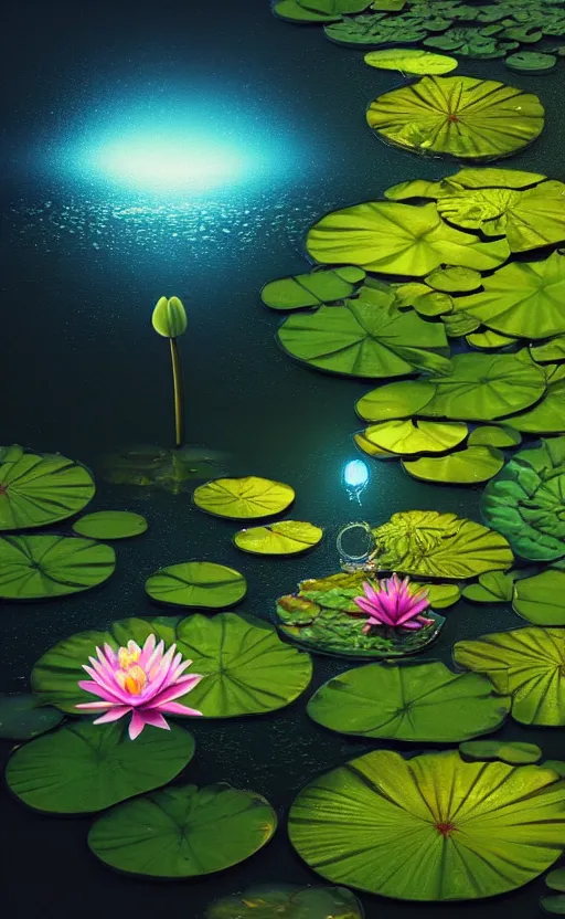 Image similar to water lily, water bubbles, night view, glowing, fireflies, poster vintage, digital strokes, illustration, bioluminescence, vegetation, portrait, full shot, rim light, pixar, octane render,