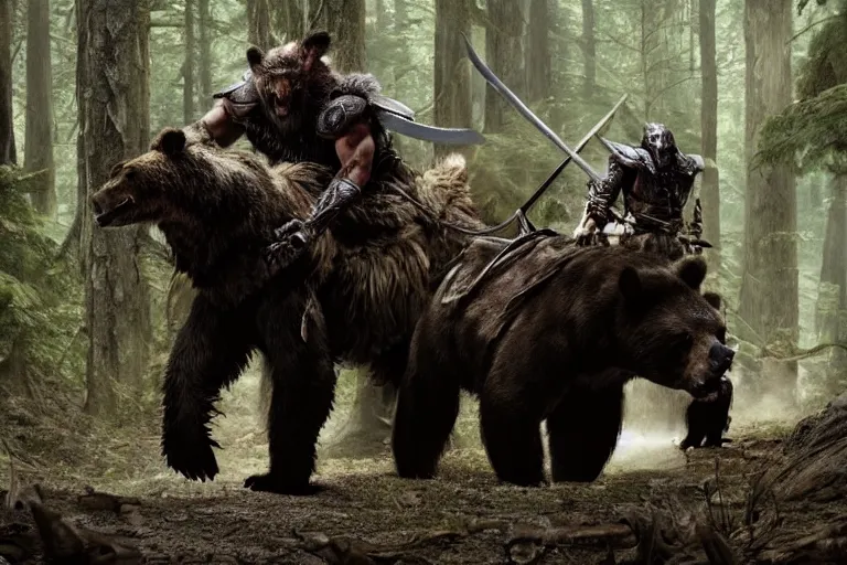 Image similar to vfx movie closeup detailed ancient armored warrior orc hunting riding large bear in the forest, natural lighting by emmanuel lubezki