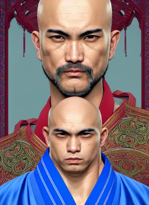 Image similar to bald male martial artist with a ponytail at the top of his head!!! asian facial features and blue eyes!! intricate ornate blue robes!! character concept art, sharp focus, octane render! unreal engine 5! highly rendered!! trending on artstation!! detailed linework!! illustration by artgerm, wlop, and chie yoshii