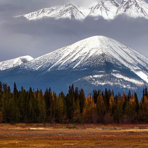 Prompt: a large taiga with a huge pyramid in it. snow capped mountains are in the background. overcast sky, snowing, grainy.