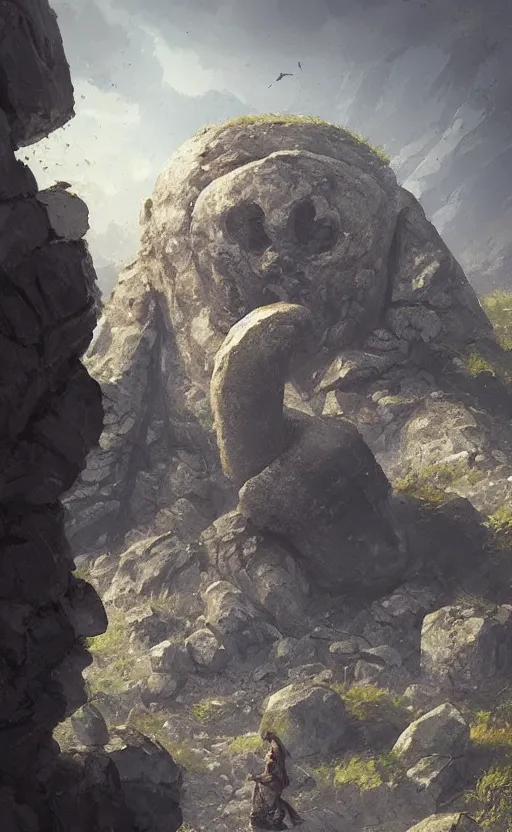 Prompt: a stone giant eating a big rock, greg rutkowski, 8 k, shallow depth of field, intricate detail, concept art,