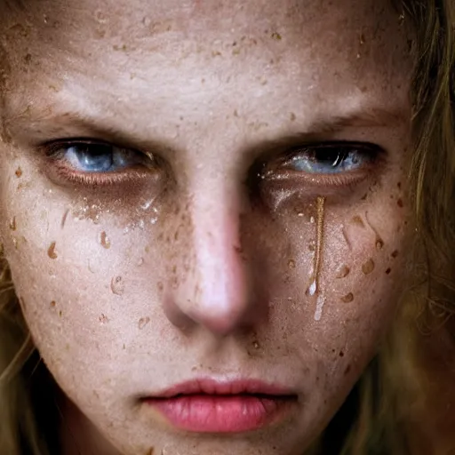 Image similar to portrait photography of women with tears in eyes by annie leibovitz, deep emotions, perfect facial symmetry, dim volumetric cinematic lighting, 8 k, post - processing, extremely hyper - detailed, intricate, epic composition, masterpiece, stunning,