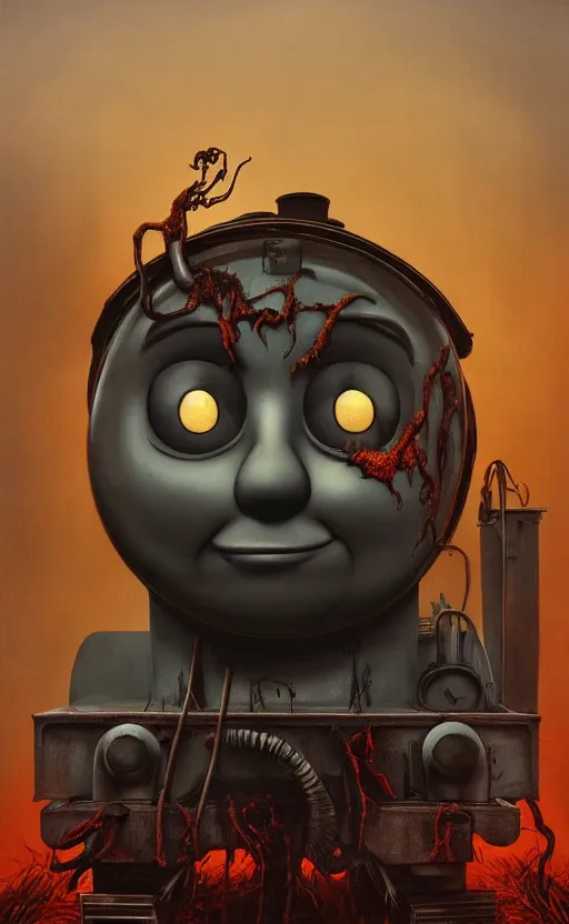 Image similar to thomas the tank engine in style of zdzisław beksinski, extremely dramatic lighting, 8 k, tendrils, black, darkness, black slime tendrils, infected, rust, body horror, thomas the train, thomas the tank engine face, horror,