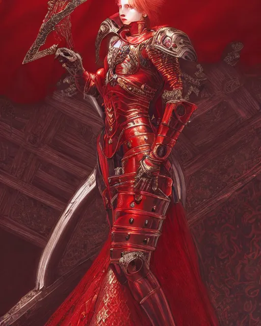 Prompt: redhead queen knight in heavy red armor, inside grand hall in castle with rococo aesthetic, intimidating, high fantasy, intricate detail, digital painting, artstation, concept art, smooth, sharp focus, illustration, art by yoshitaka amano and monia merlo and wlop, masterpiece.