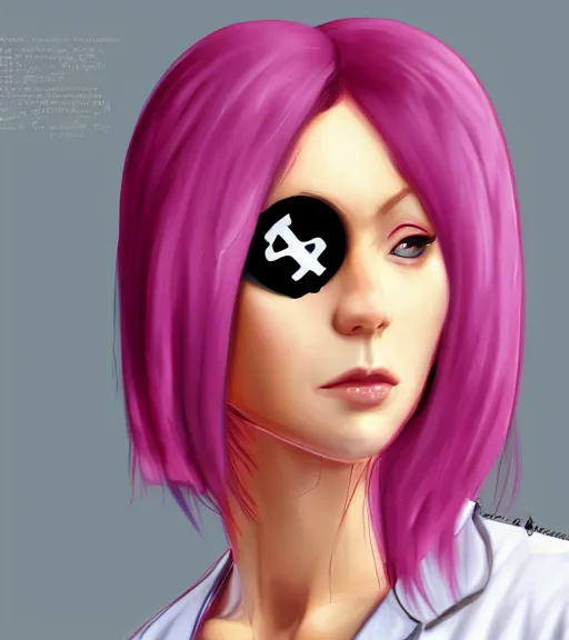 Image similar to portrait of pink haired woman in nurse uniform wearing an eyepatch, trending on artstation