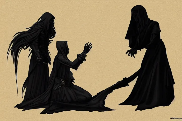 Image similar to the silhouette of the dark sorceress as she bestows her magic upon her disciple, which is kneeling in front of her, concept art, trending on artstatio HD