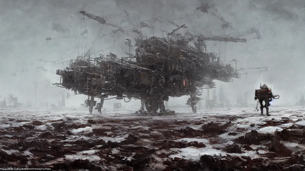 Image similar to 1920's broken down bipedal walker mech in the snowy tundra, oil drill in the distance, steampunk airship above, painted by Jakub Rozalski