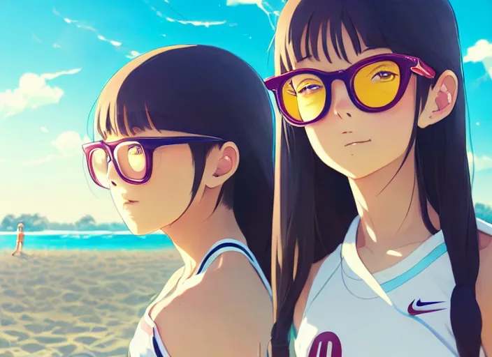 Prompt: portrait of cute high school girl playing beach volley, sunny sky background stadium landscape illustration concept art anime key visual trending pixiv fanbox by wlop and greg rutkowski and makoto shinkai and studio ghibli and kyoto animation symmetrical facial features sports clothing futuristic yellow glasses nike shirt white volleynet