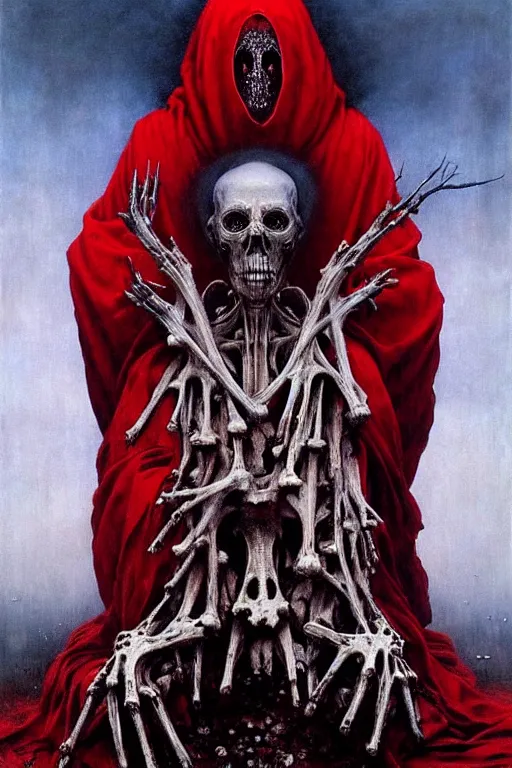 Image similar to a priest with no face, wearing red robes, ##sitting on a throne made of bones##, gothic horror, surrealism Amano, Karol Bak, Beksinski painting, part by Adrian Ghenie and Gerhard Richter, part by Takato Yamamoto. 8k masterpiece