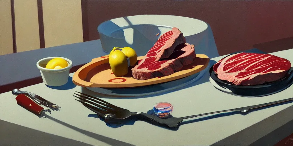 Prompt: an achingly beautiful still life featuring steak very coherent, painted by Edward Hopper, Wayne Barlowe, painted by James Gilleard, airbrush, art by JamesJean