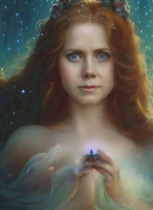 Image similar to Amy Adams staring into the camera, misty wisps, fireflies, Lilia Alvarado, Sophie Anderson, Mark Arian, Bob Byerley, Charlie Bowater, Mark Brooks, Steve Henderson, Justin Gerard, Arthur Hughes, Edward Robert Hughes, Mark Keathley, Victor Nizovtsev, Carlos Shwabe, Ross Tran, WLOP