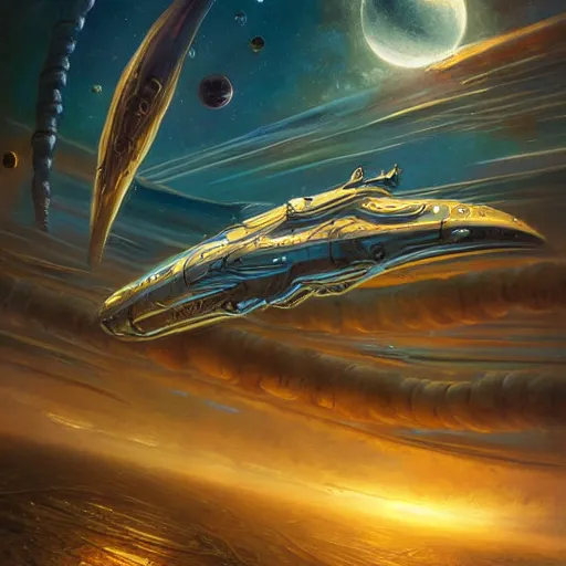 Image similar to cinematic shot long space ship flying in deep space golden hull long golden tentacles steampunk style atmosferic retro style ames eads casper david friedrich raphael lacoste vladimir kush tim white leis royo michael whelan bruce pennington volumetric light effect broad light oil painting painting fantasy art style sci - fi art style realism artwork unreal engine