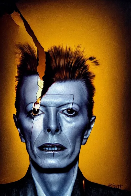 Image similar to portrait of david bowie's head inside an upside down light bulb, kintsugi, modern fine art, fractal, intricate, elegant, highly detailed, digital photography, subsurface scattering, by banksy and basquiat and greg rutkowski,