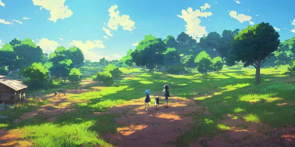 Prompt: Sunny farm with blue skies and wilderness, bright colors and high picture quality, by Makoto Shinkai