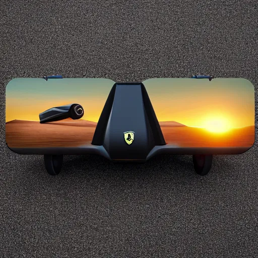 Image similar to concpet art featuring a futuristic ferrari themed hoverboard. beach, sunset. fine detail. this 4 k hd image is trending on artstation, featured on behance, well - rendered, extra crisp, features intricate detail, epic composition and the style of unreal engine.