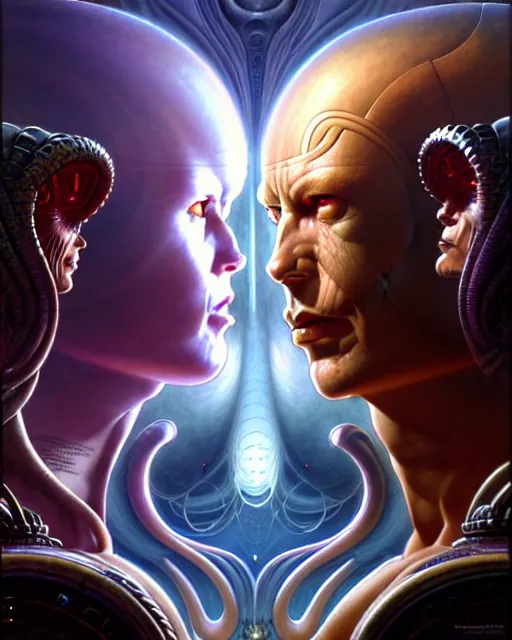 Image similar to a portrait of gemini good and evil fantasy character portrait facing each other, ultra realistic, wide angle, intricate details, the fifth element artifacts, highly detailed by peter mohrbacher, hajime sorayama, wayne barlowe, boris vallejo, aaron horkey, gaston bussiere, craig mullins