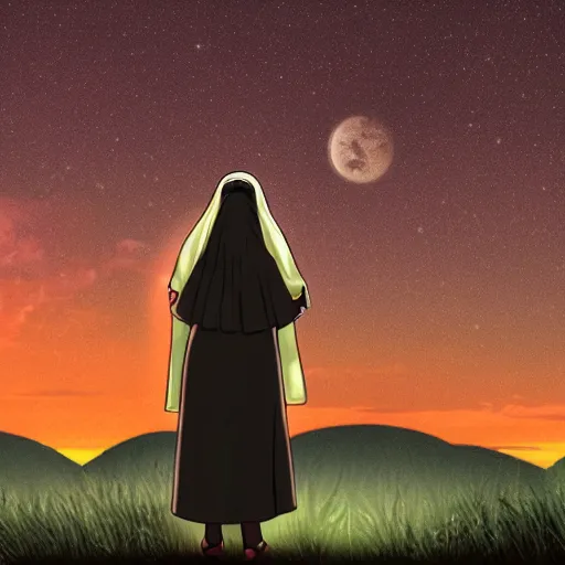 Prompt: two identical beautiful female nuns under clear night sky, detailed anime art, upscaled