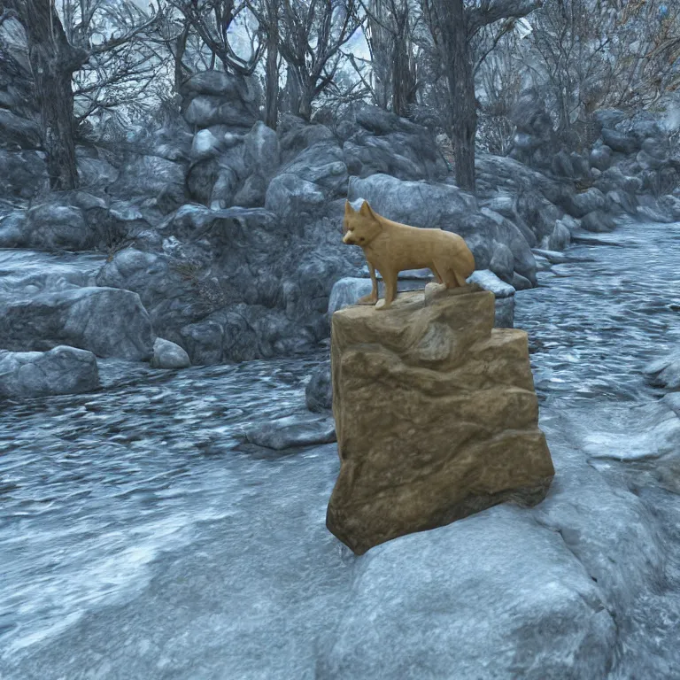 Image similar to an ancient and weathered stone shiba inu statue beside a frozen stream, skyrim pc screenshot